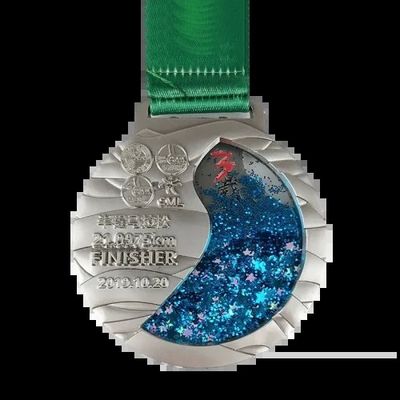 Flow Glitter medailles Globe medaille ontwerp Ronde vorm met Arcylic Box